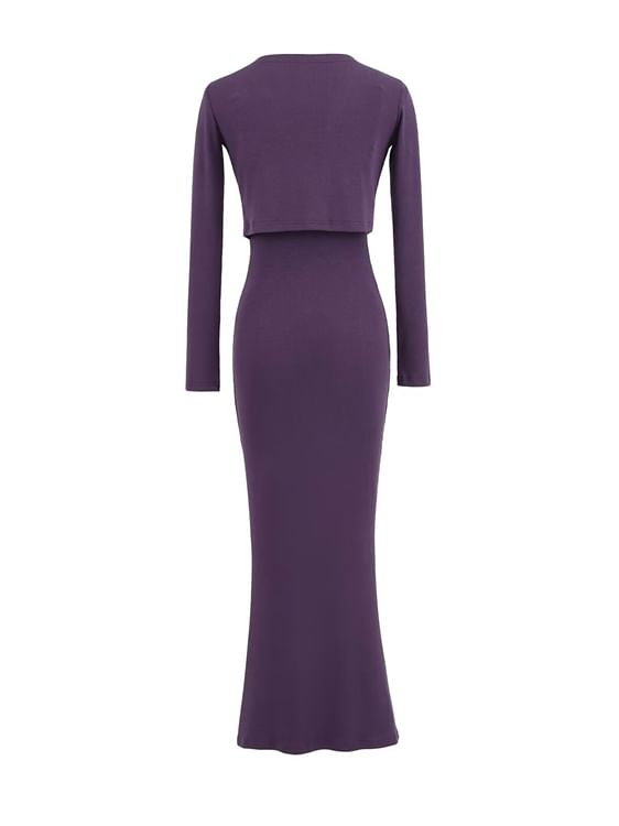 Set: Spaghetti Strap Plain Midi Maxi Mermaid Dress + Cropped Open Front Cardigan