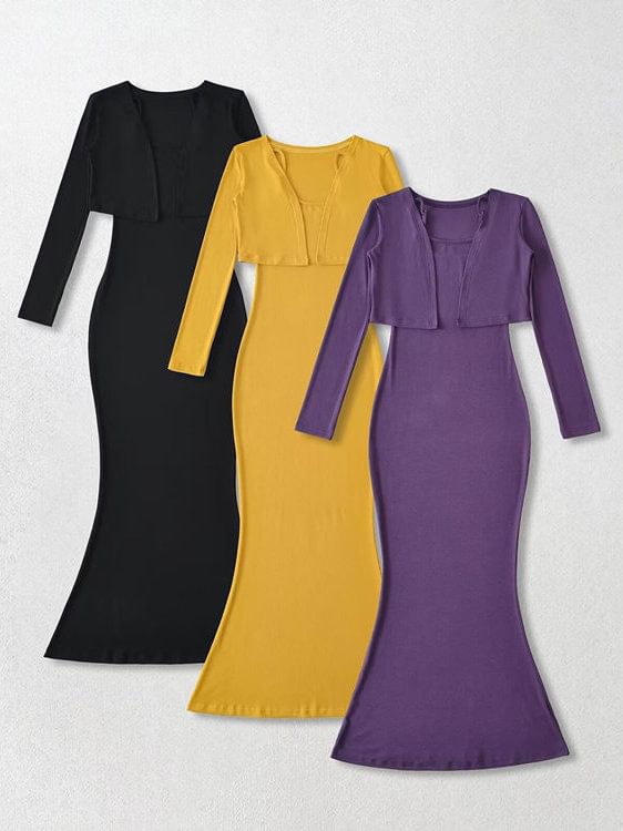 Set: Spaghetti Strap Plain Midi Maxi Mermaid Dress + Cropped Open Front Cardigan