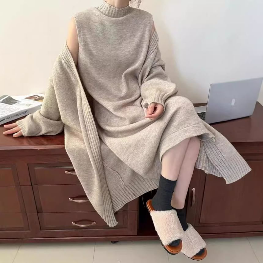 Set: Sleeveless Mock Neck Plain Knit Midi Loose Fit Dress + Maxi Open Front Cardigan