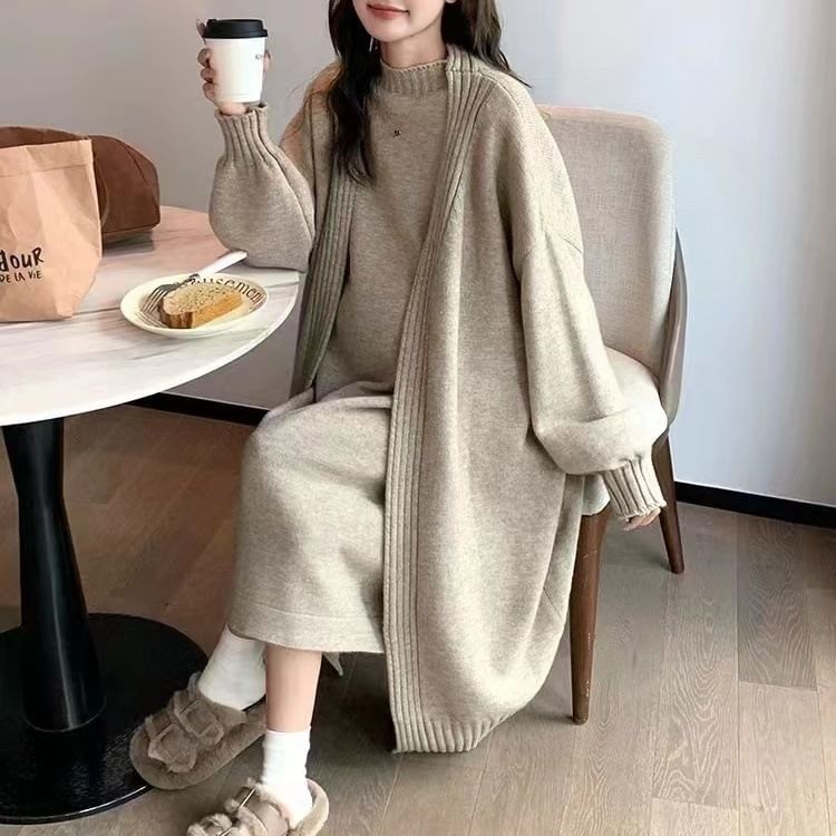 Set: Sleeveless Mock Neck Plain Knit Midi Loose Fit Dress + Maxi Open Front Cardigan