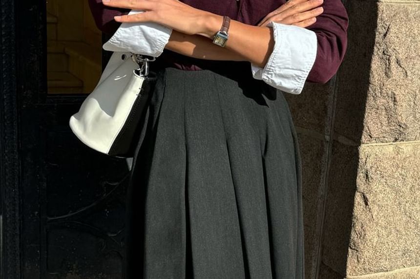 Pleated A-Line Midi Skirt High Waist