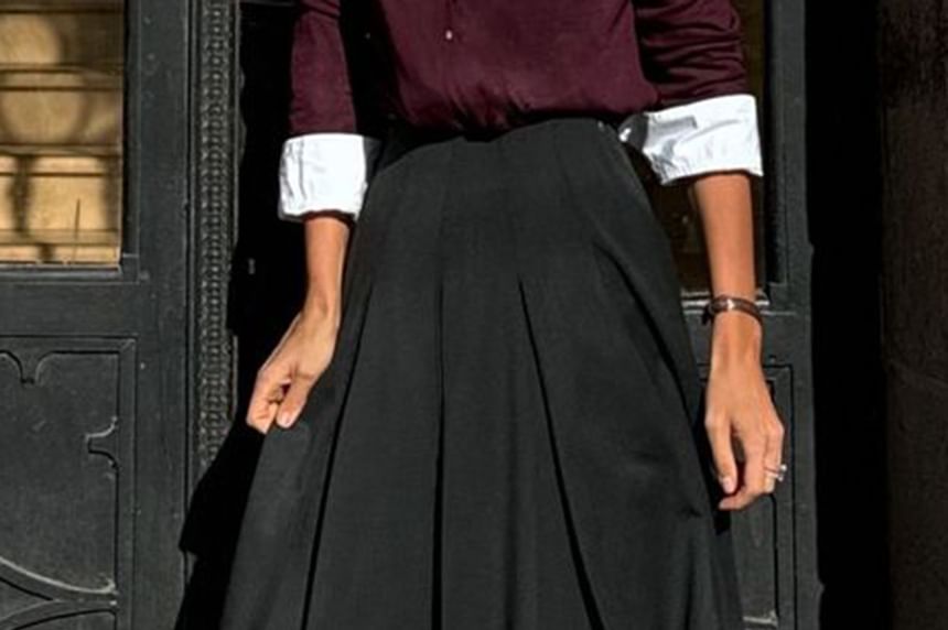Pleated A-Line Midi Skirt High Waist