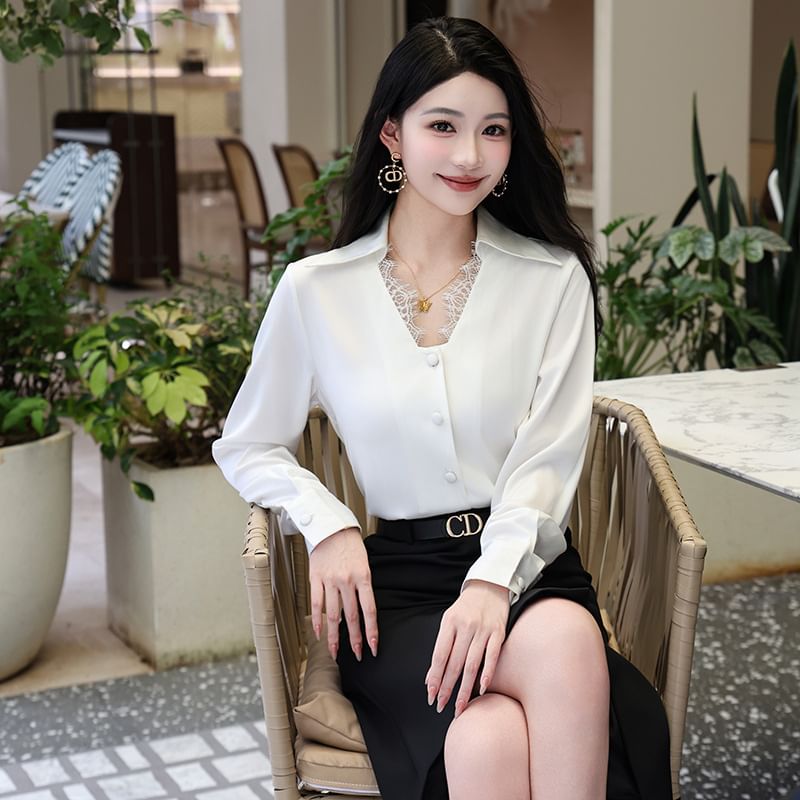 Long-Sleeve Lace Trim Button Shirt and Plain Midi Pencil Skirt Set