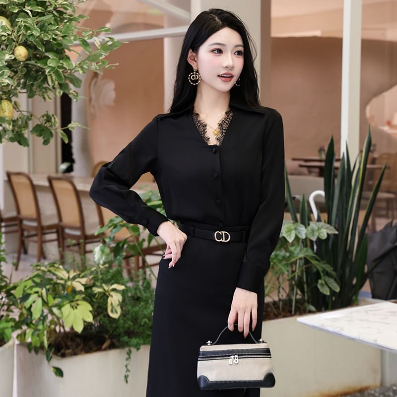 Long-Sleeve Lace Trim Button Shirt and Plain Midi Pencil Skirt Set