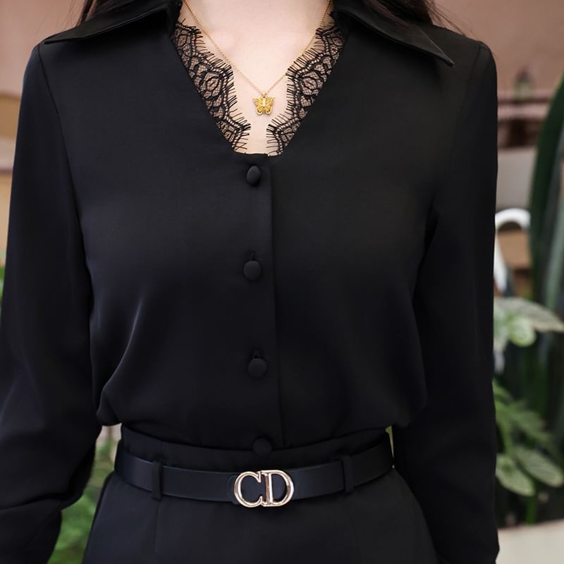Long-Sleeve Lace Trim Button Shirt and Plain Midi Pencil Skirt Set
