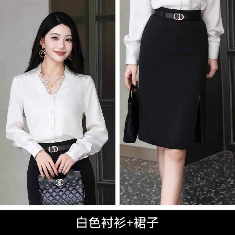 Long-Sleeve Lace Trim Button Shirt and Plain Midi Pencil Skirt Set