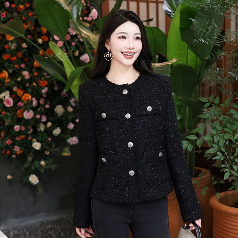 Crewneck Button-Up Plaid Tweed Crop Jacket