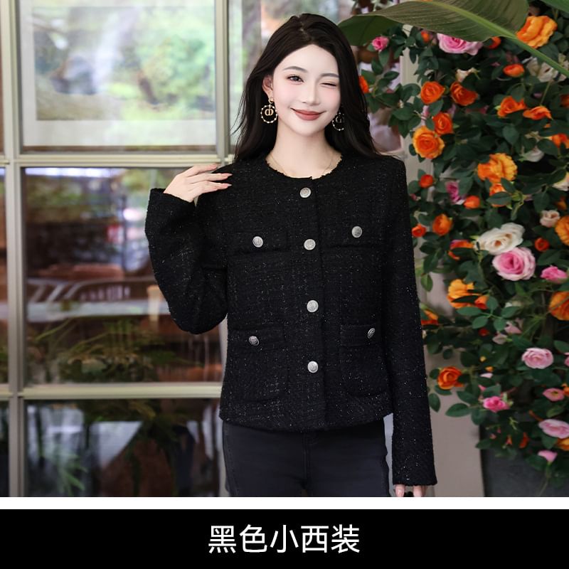 Crewneck Button-Up Plaid Tweed Crop Jacket