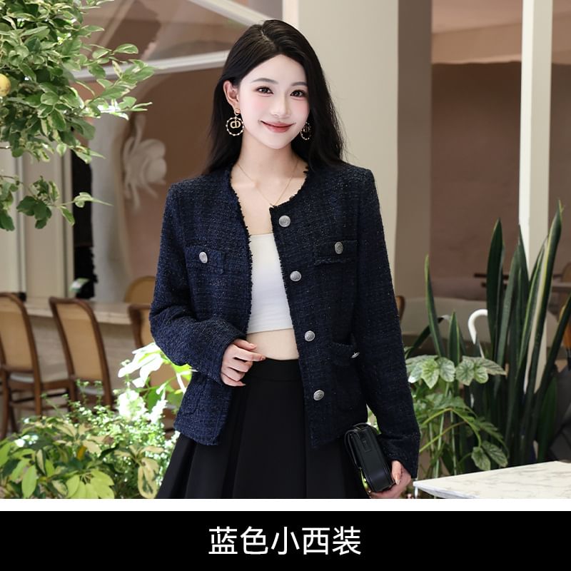 Crewneck Button-Up Plaid Tweed Crop Jacket