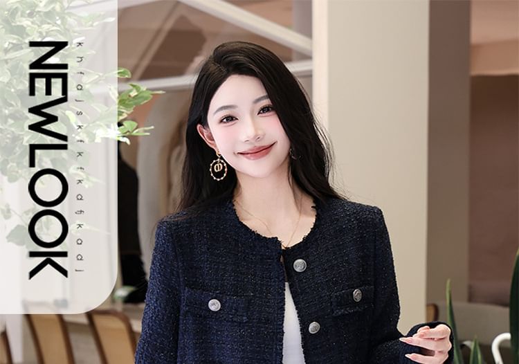 Crewneck Button-Up Plaid Tweed Crop Jacket