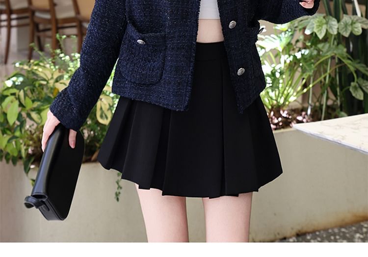 Crewneck Button-Up Plaid Tweed Crop Jacket