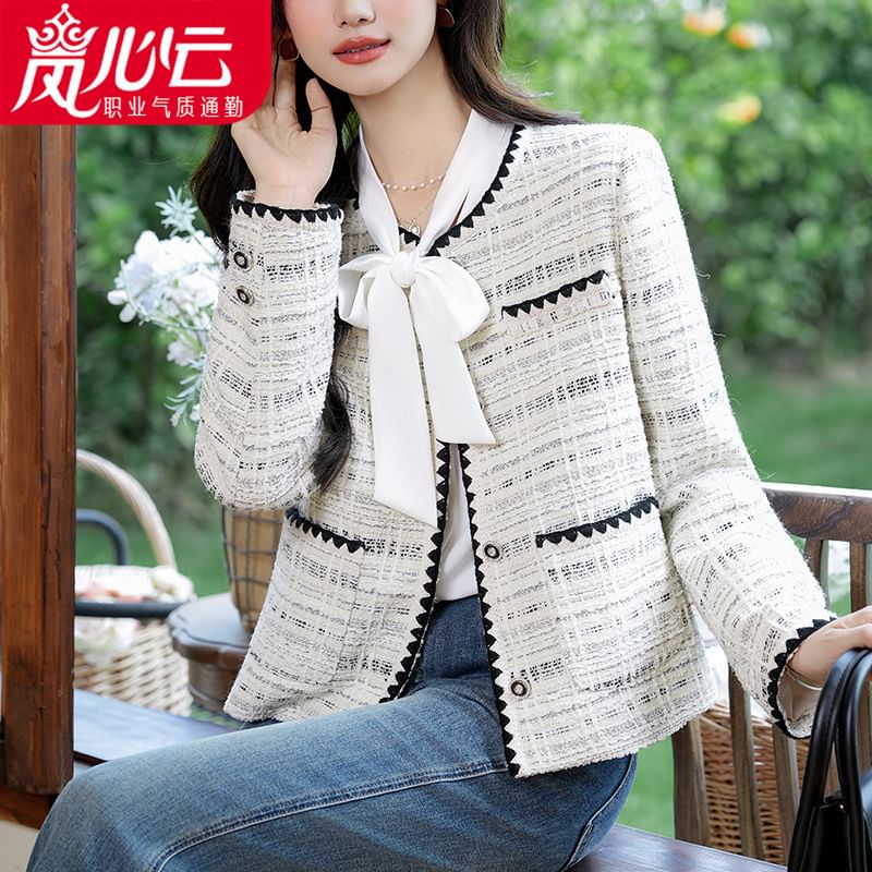 Plaid Button-Up Tweed Jacket / Long-Sleeve Ribbon Neck Blouse / Set