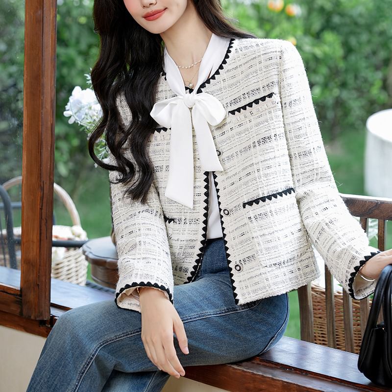 Plaid Button-Up Tweed Jacket / Long-Sleeve Ribbon Neck Blouse / Set