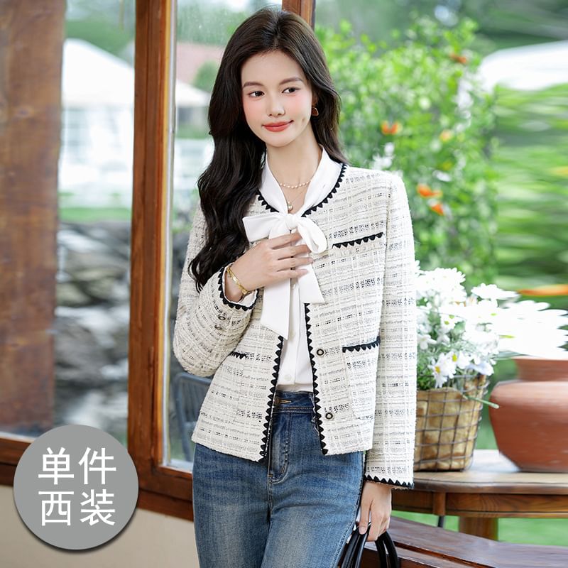 Plaid Button-Up Tweed Jacket / Long-Sleeve Ribbon Neck Blouse / Set