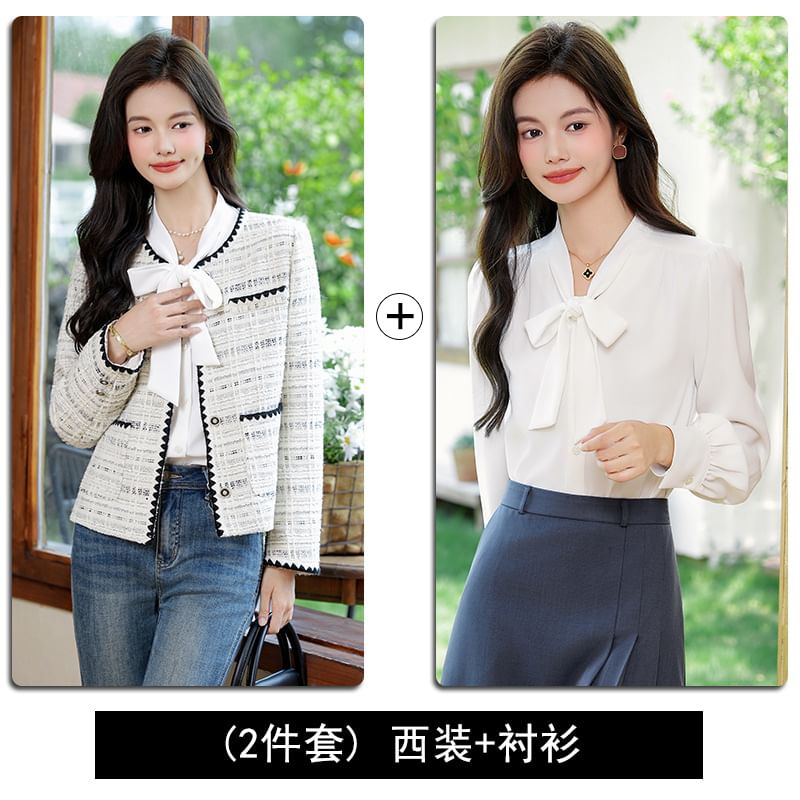 Plaid Button-Up Tweed Jacket / Long-Sleeve Ribbon Neck Blouse / Set