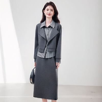 Mock Neck Striped Sweatshirt and Midi Skirt Set
