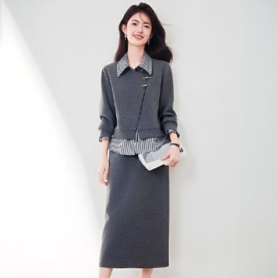 Mock Neck Striped Sweatshirt and Midi Skirt Set