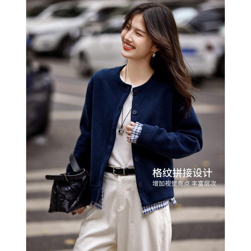 Crewneck Plaid Trim Cardigan