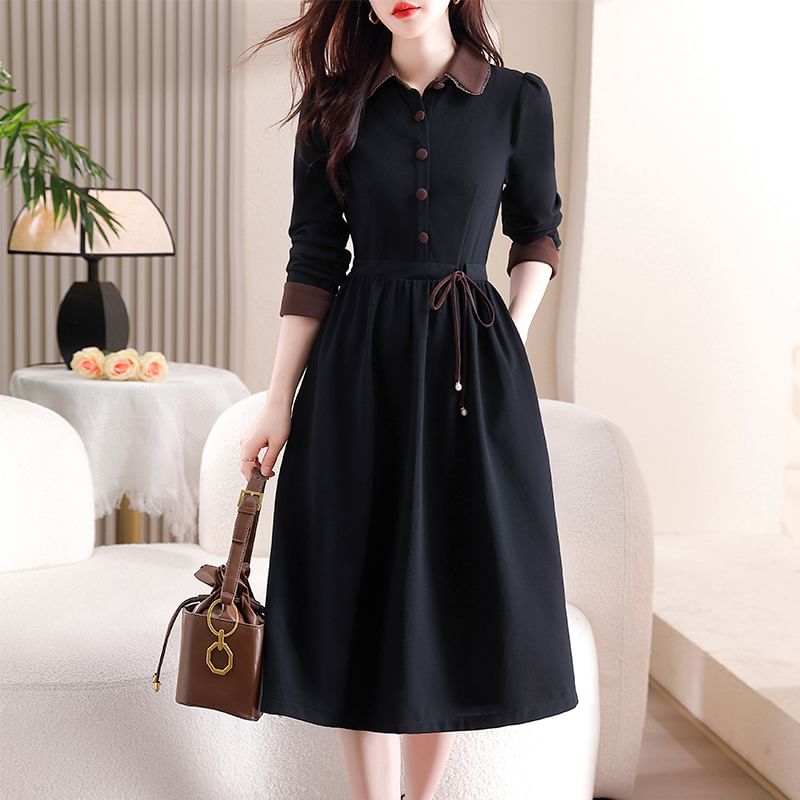 Long-Sleeve Two Tone Collared Half Buttoned Maxi A-Line Dress