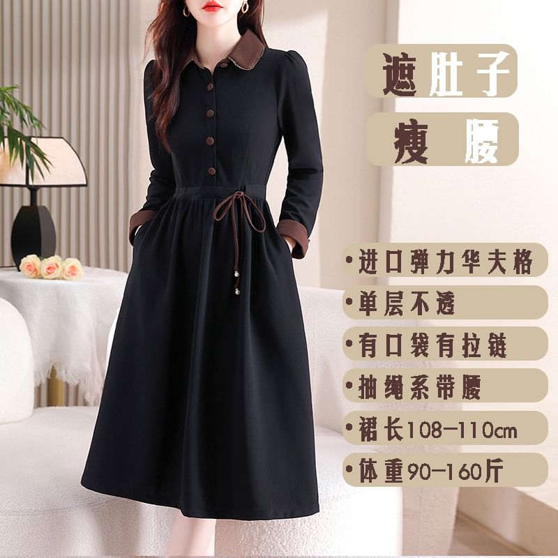 Long-Sleeve Two Tone Collared Half Buttoned Maxi A-Line Dress