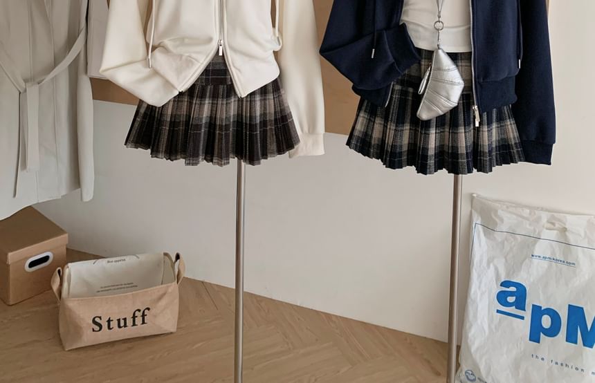 Set: Stand Collar Plaid Hoodie and Pleated Mini Skirt