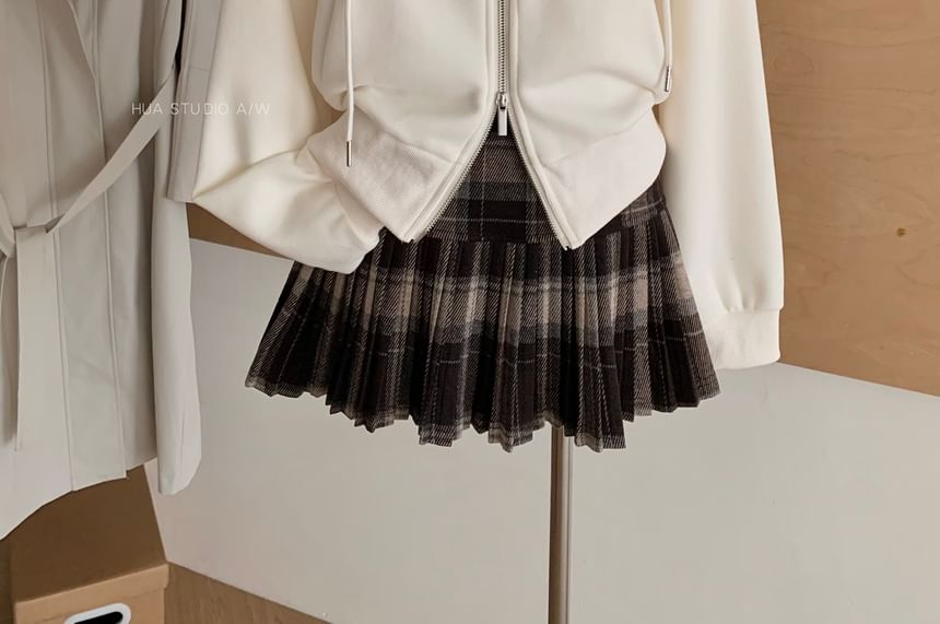 Set: Stand Collar Plaid Hoodie and Pleated Mini Skirt