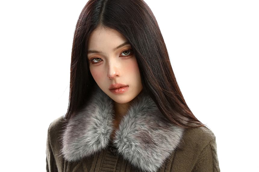 Faux Fur Collar Cable Knit Toggle Cardigan