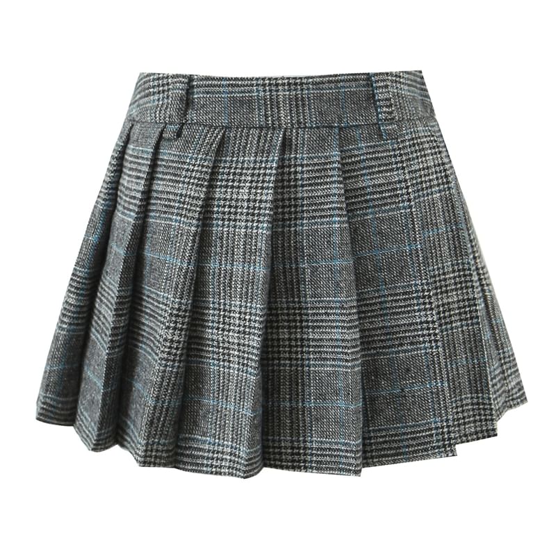 High Waist Houndstooth Pleated Mini A-Line Skirt