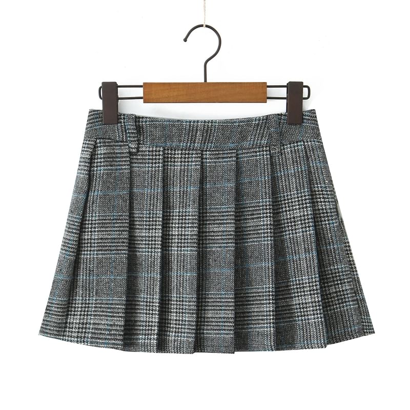 High Waist Houndstooth Pleated Mini A-Line Skirt