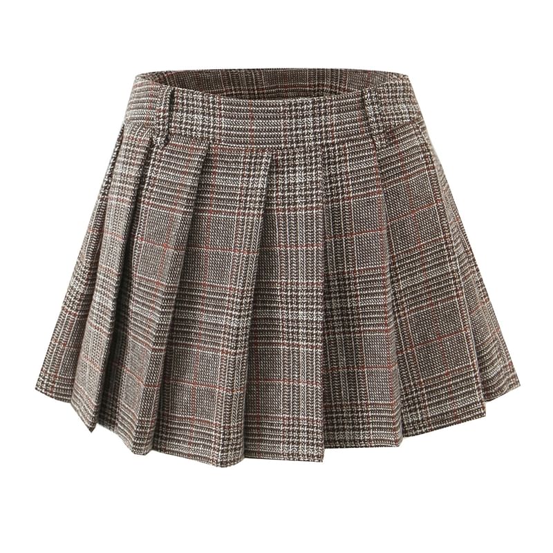 High Waist Houndstooth Pleated Mini A-Line Skirt