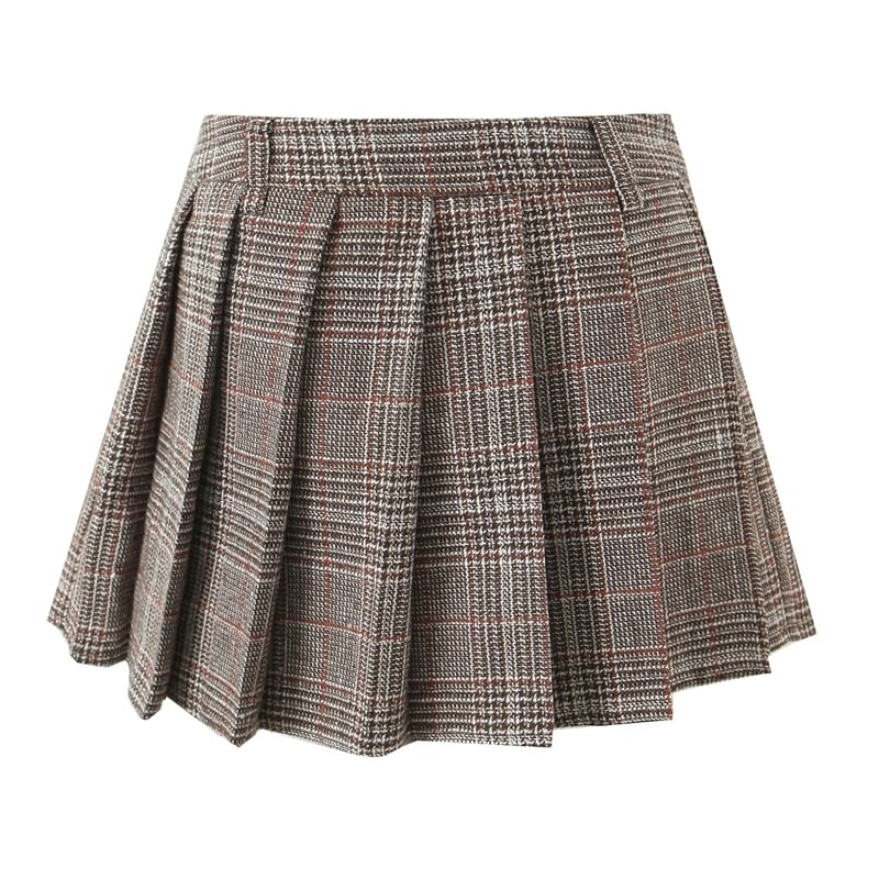 High Waist Houndstooth Pleated Mini A-Line Skirt