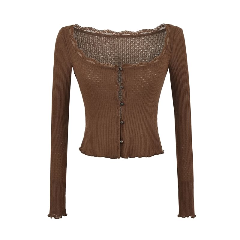 Scoop Neck Lace Trim Lettuce Edge Button-Up Crop Cardigan