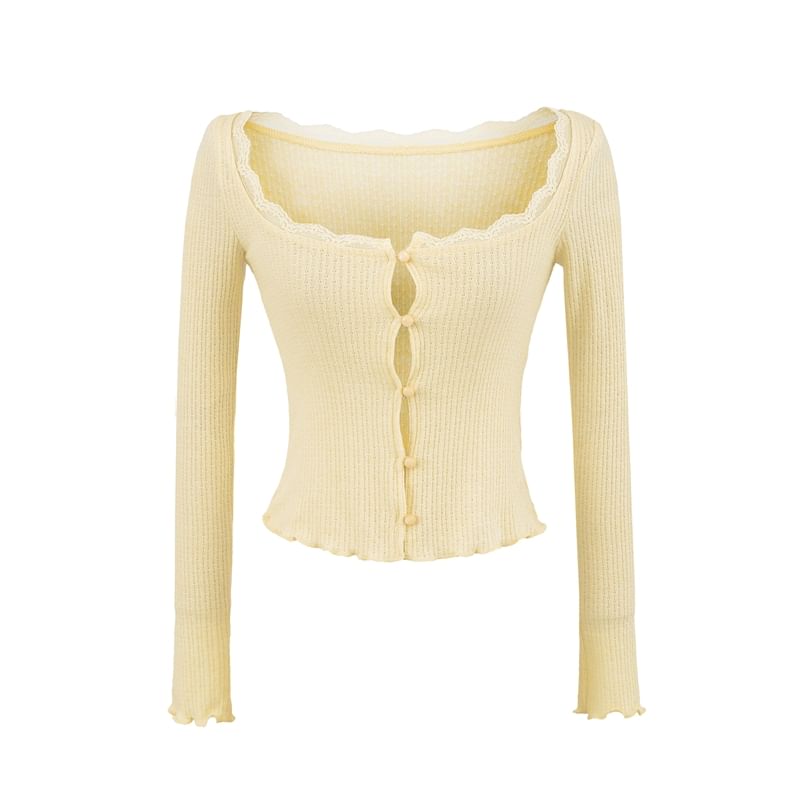 Scoop Neck Lace Trim Lettuce Edge Button-Up Crop Cardigan