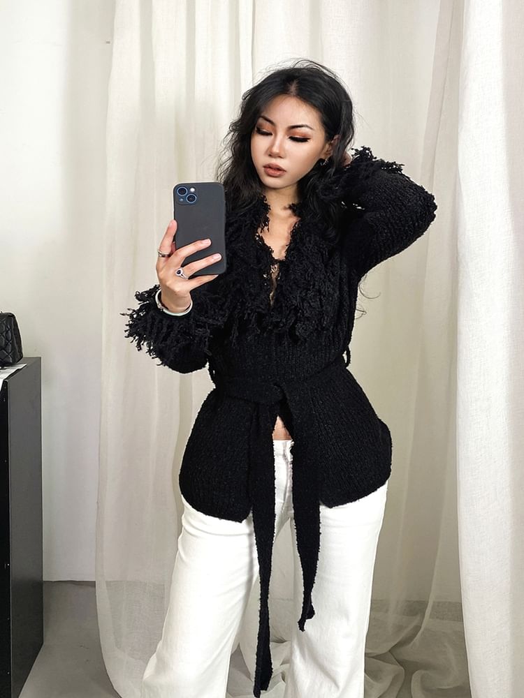 Collared Plain Fringed Tie Waist Cardigan