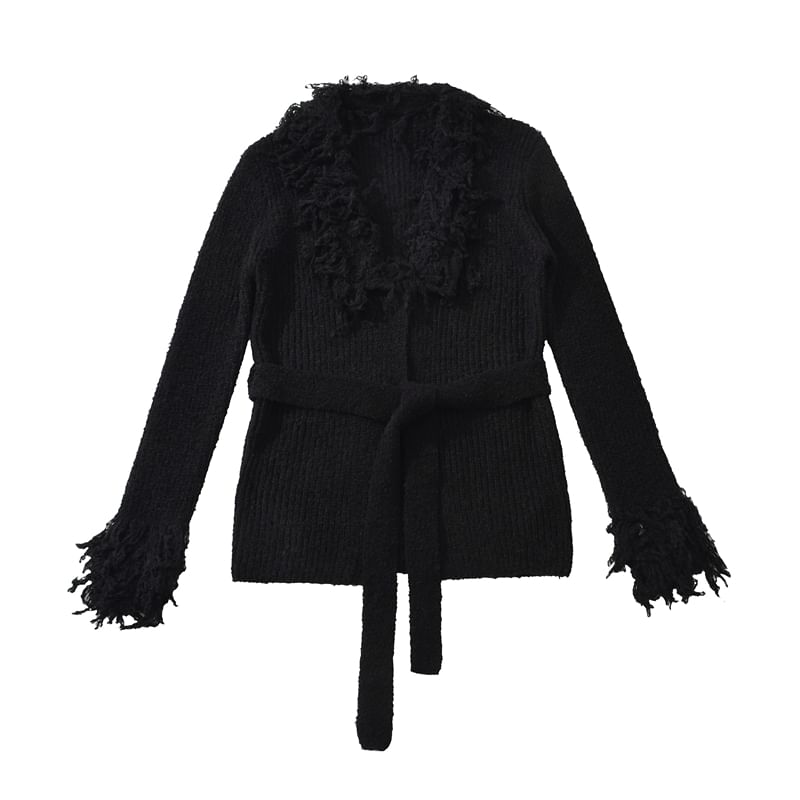Collared Plain Fringed Tie Waist Cardigan