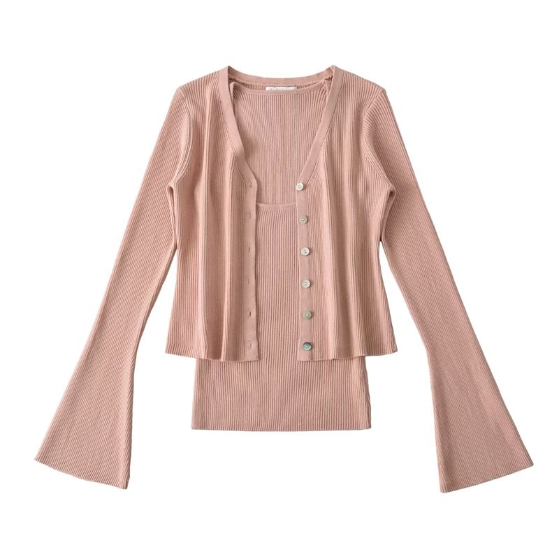 Set: V-Neck Button-Up Plain Crop Cardigan + Cami Top