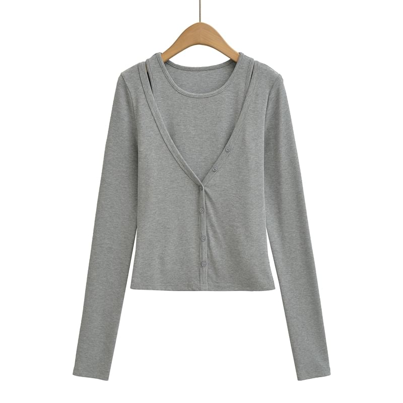 Set: Crew Neck Plain Crop Tank Top + V-Neck Button-Up Cardigan
