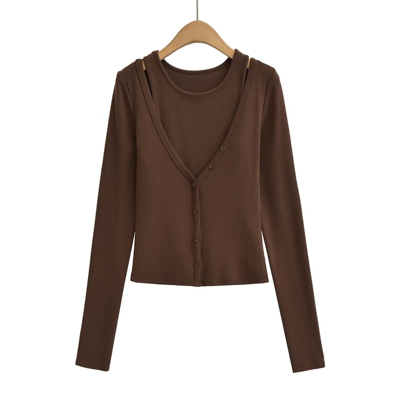 Set: Crew Neck Plain Crop Tank Top + V-Neck Button-Up Cardigan