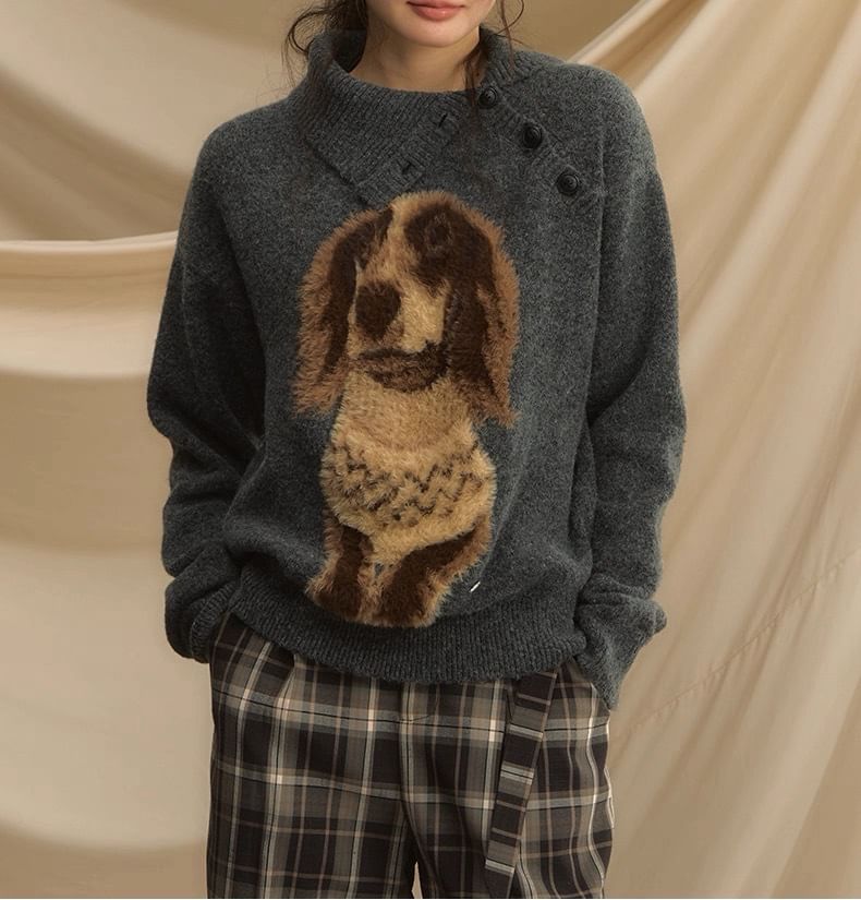 Collar Asymmetrical Henley Dog Jacquard Sweater