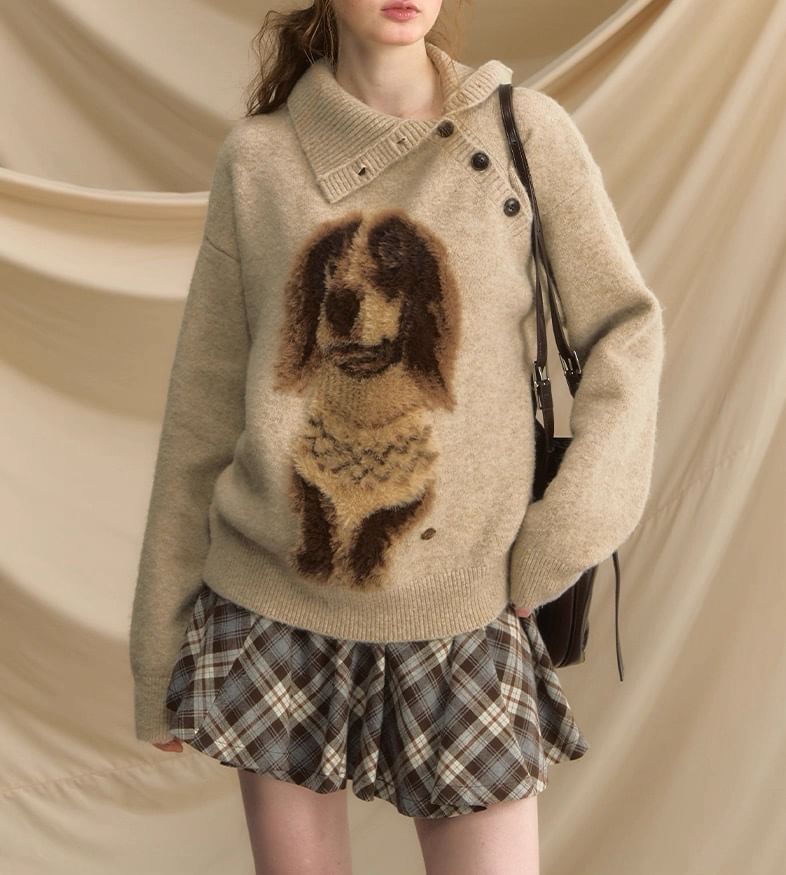 Collar Asymmetrical Henley Dog Jacquard Sweater