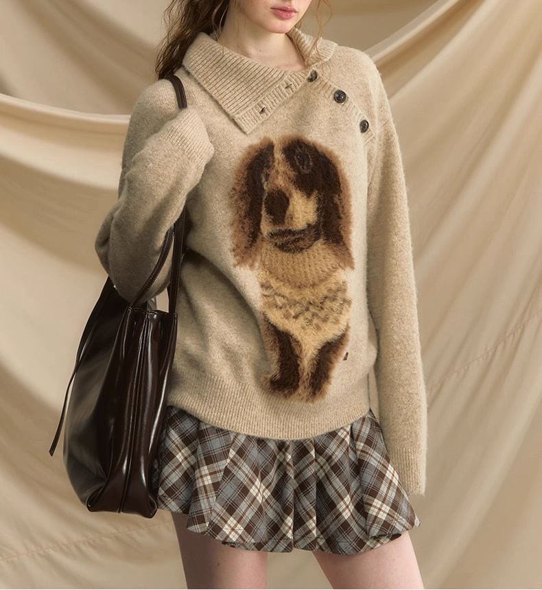 Collar Asymmetrical Henley Dog Jacquard Sweater