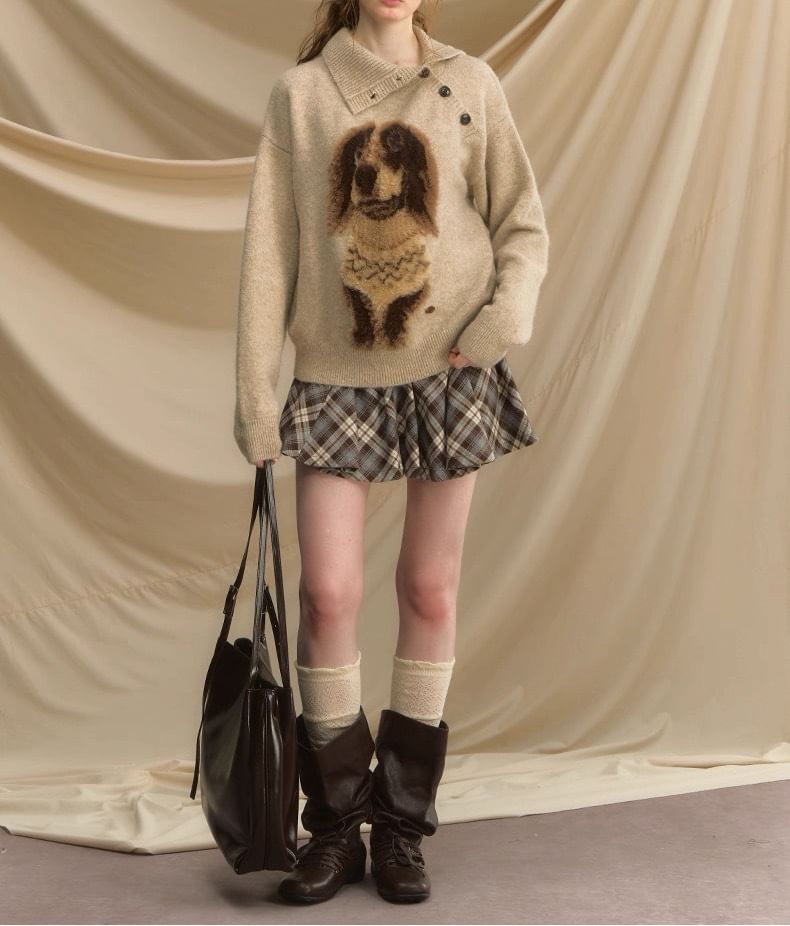 Collar Asymmetrical Henley Dog Jacquard Sweater