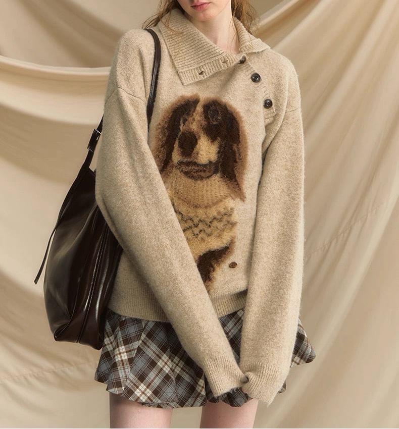 Collar Asymmetrical Henley Dog Jacquard Sweater