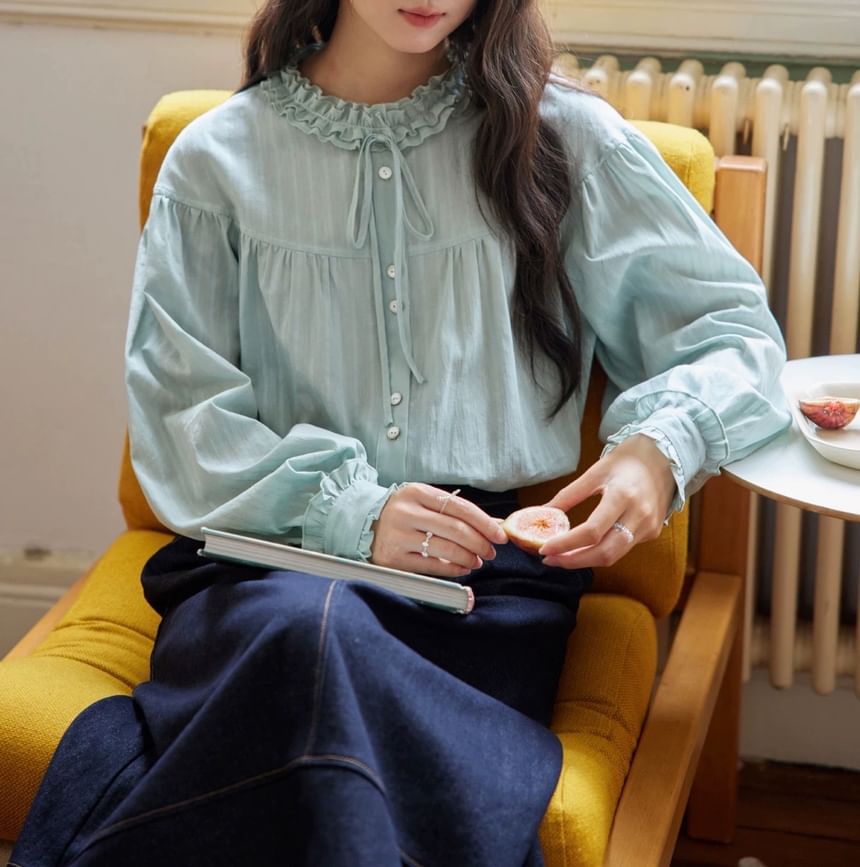 Long-Sleeve Plain Bow Frill Trim Blouse