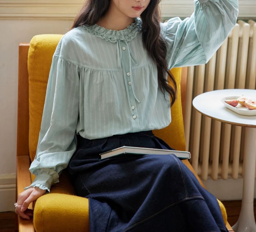 Long-Sleeve Plain Bow Frill Trim Blouse