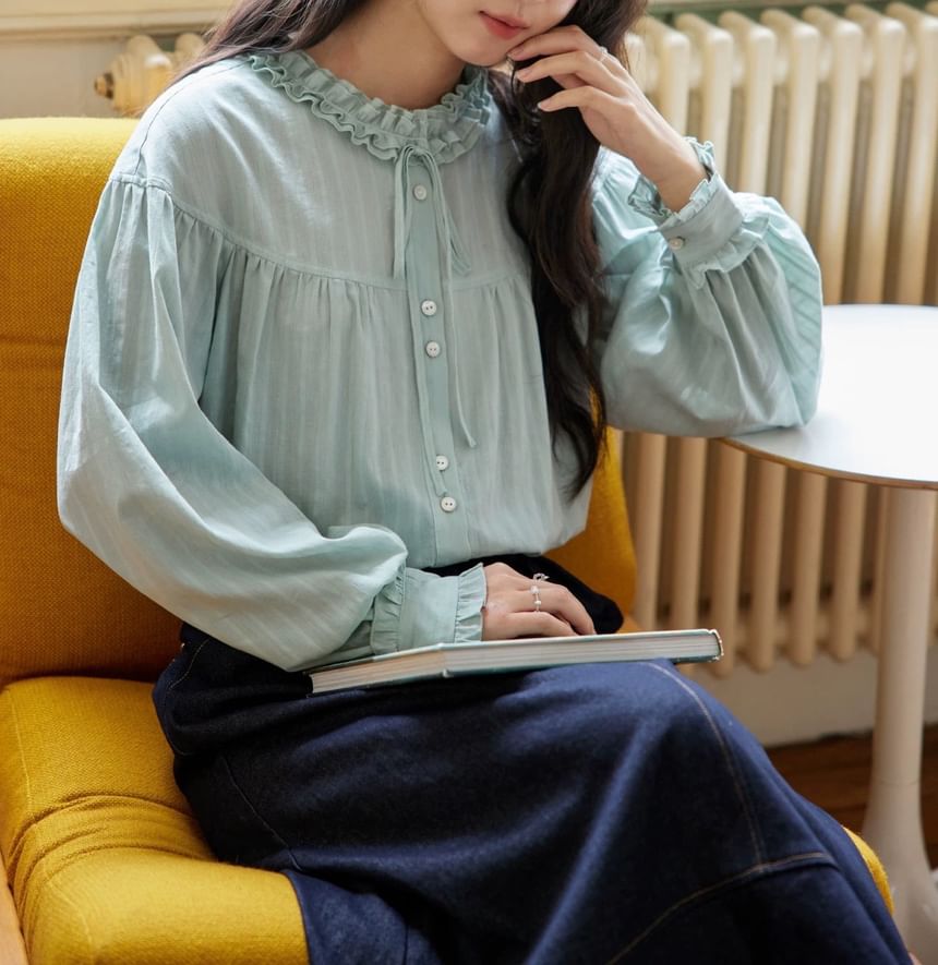 Long-Sleeve Plain Bow Frill Trim Blouse