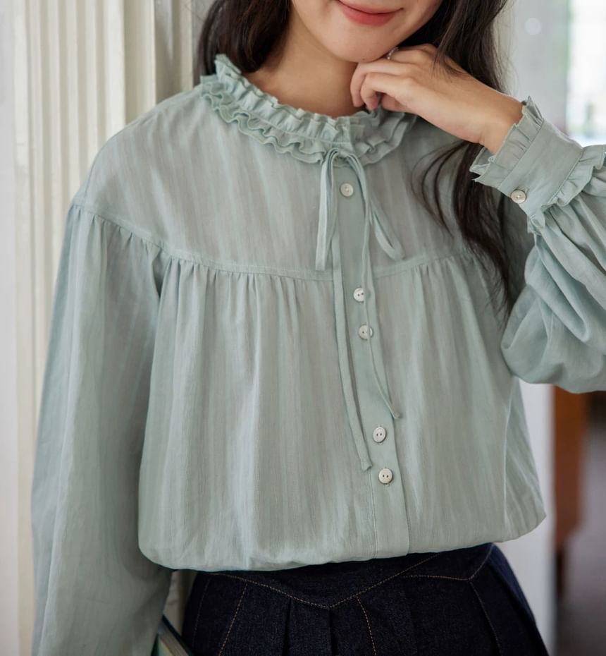 Long-Sleeve Plain Bow Frill Trim Blouse