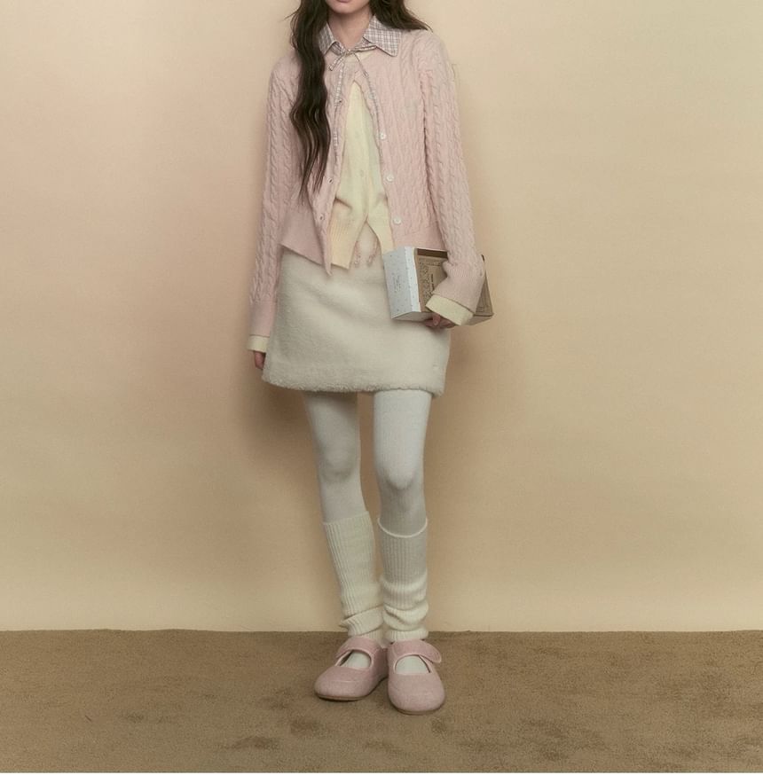 Mock Two-Piece Plaid Collar Bow Cable Knit Cardigan