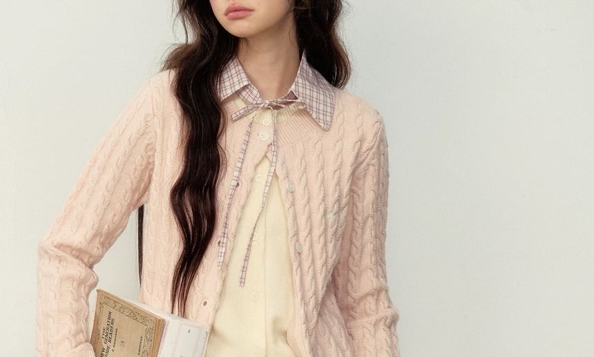 Mock Two-Piece Plaid Collar Bow Cable Knit Cardigan