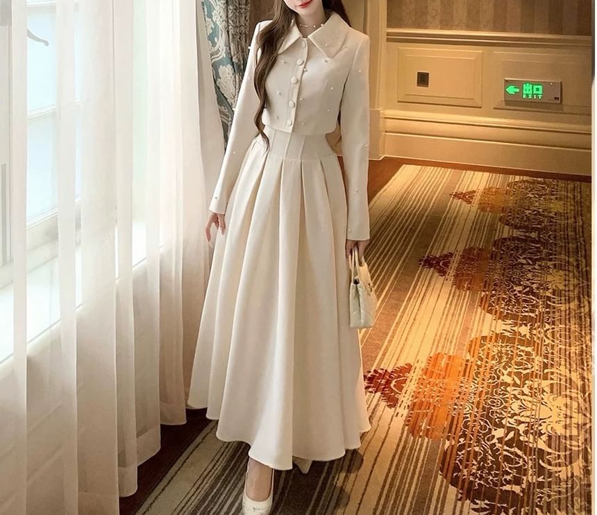 Collar Plain Faux Pearl Cropped Button Jacket / High Rise Maxi A-Line Skirt